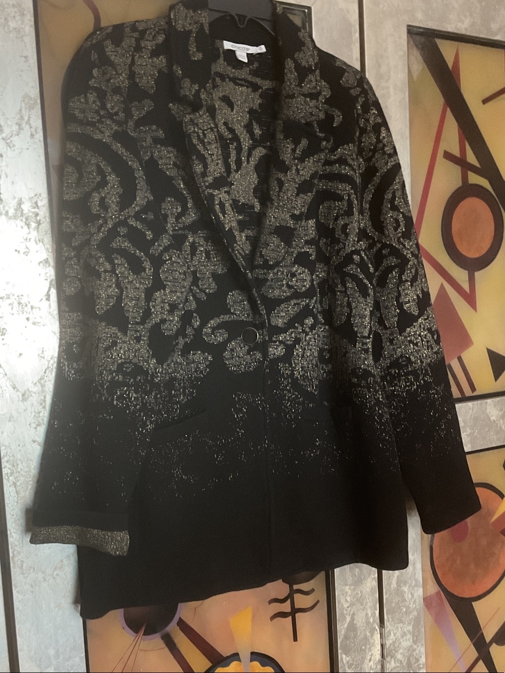 Chico's Black Blazer with Gold Metallic Floral Pattern
